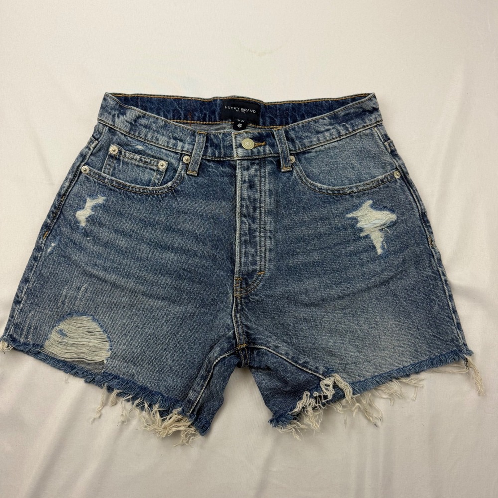 Lucky Brand 90s Midi Shorts Women 4/27 Blue Distressed High Rise Denim